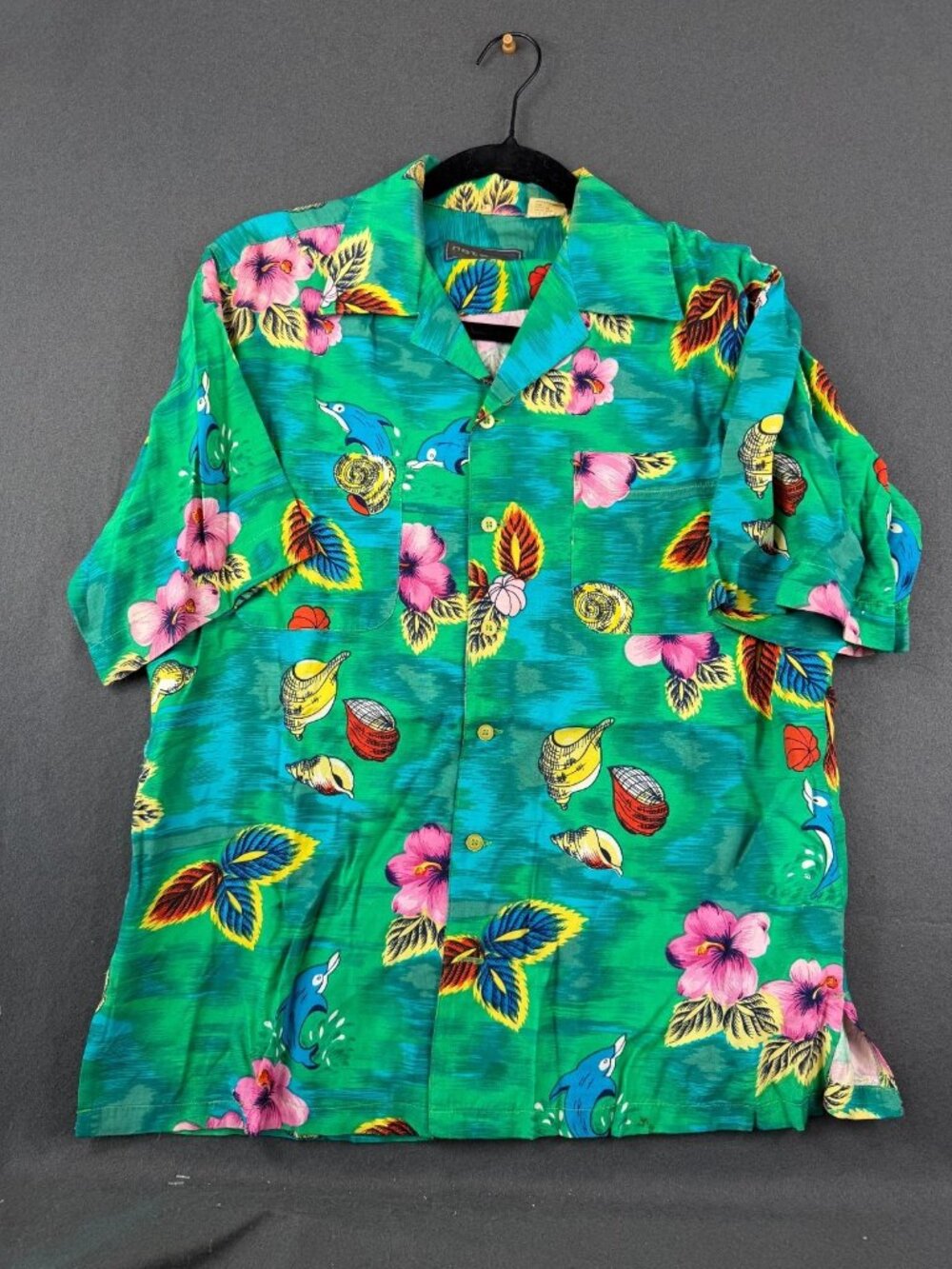 Vintage Network Mens Green Button Up Shirt All Over Floral Seashell Print M